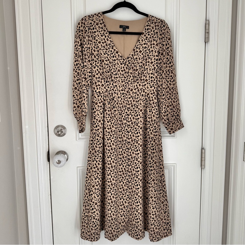 J.Crew Leopard Print A-Line Midi Dress Camel Long Sleeve Size 0 - Picture 4 of 9